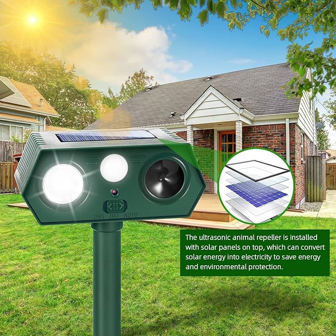 2025 Solar Ultrasonic Racoon Fortress Pro, Animal Repeller Deer Cat Repellent Devices Squirrel Rabbit Deterrent Outdoor with Motion Sensor&Flash Light to Scare Dog Skunk Out of Garden Yard(4Pack)