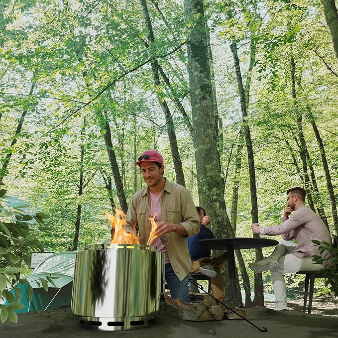 19 Inch Smokeless Fire Pit, Portable Outdoor Stainless Steel Fire Pit for Patio Backyard Garden Camping, Smokeless Technology
