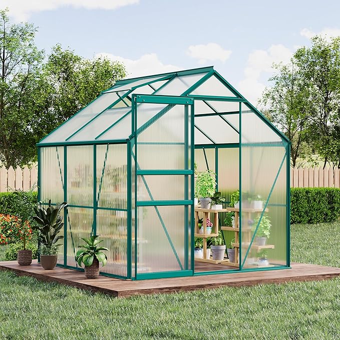 GarveeHome 6 x 6 FT Polycarbonate Greenhouse, Winter Greenhouses for Outdoors with Aluminum Frame, Sliding Door, Adjustable Roof Vent, Backyard Green Houses, Patio Garden, Green