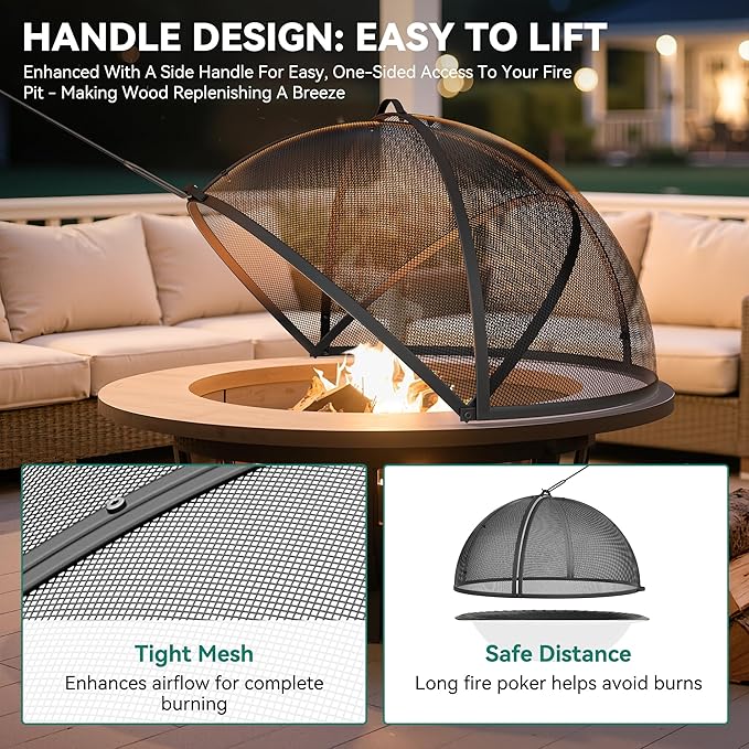 YITAHOME 36" W*19" H Fire Pit Screen with Top Ring & Poker, Iron Mesh Spark Guard with High-Temperature Coating, Portable & Modular for Backyard Fire Pits, Camping, Beach Parties, and Barbecues
