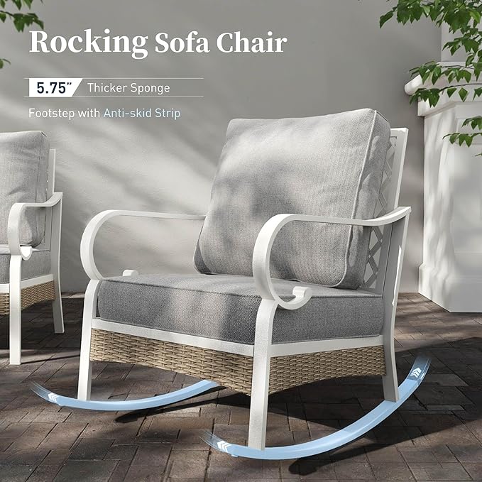 SUNSHINE VALLEY 4 Piece Metal Outdoor Patio Furniture Set, Patio Conversation Sets 1 2-Seater Sofa, 2 Single Sofa with 5.75" Extra Thick Cushion and Coffee Table, White Frame Backyard Furniture, Gray