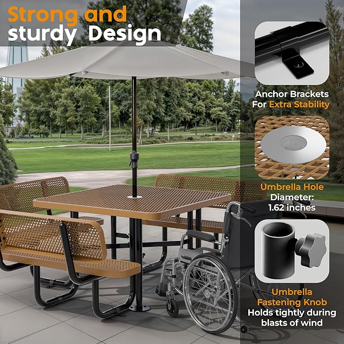 Metal Picnic Tables for Outdoors with Umbrella Hole - Coated Steel Heavy Duty Commercial Grade Furniture with Adjustable Seats (Brown, 46 in, Square with Back, Expanded Steel)