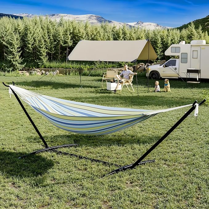 GarveeLife Instant-Setup 2-Person Hammock with Reinforced Steel Frame – Portable Outdoor Lounger for Garden, Camping & Beach (450 LB Capacity + Quick-Fold Carry Bag),Blue-Green Stripes