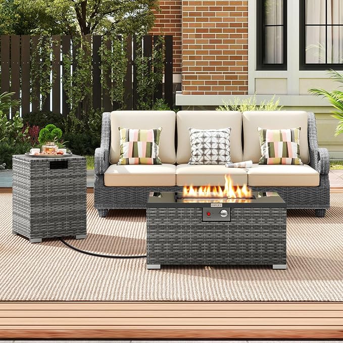 Tangkula 2 Piece Propane Fire Pit Table Set with Tank Cover, Outdoor Rattan Gas Firepit with Lid, Tempered Glass Tabletop, Protective Cover, 40,000 BTU Rectangle Fire Table Set for Outside (Mix Gray)