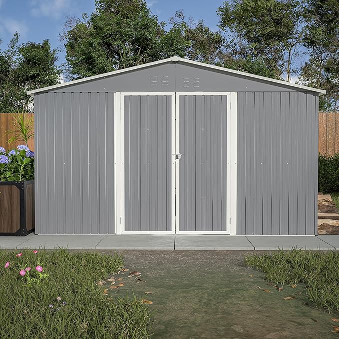 Outdoor Storage Shed, 11 X 13 FT Large Metal Utility Tool Sheds with Floor Frame, Steel Garden Shed for Backyard Garden Patio Lawn