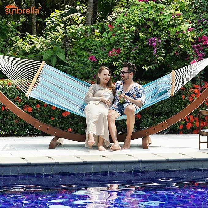 Lazy Daze Hammocks 12 FT Sunbrella Fabric Hammock with Spreader Bars and Free Pillow Fits for 2 Persons, All Weather and Fade Resistant for Patio Yard, 450 lbs Capacity, Dolce Oasis
