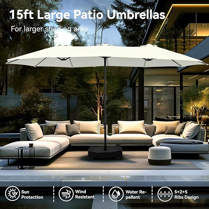 PHI VILLA 15ft Large Patio Umbrellas with Base Included, Outdoor Double-Sided Rectangle Market Umbrella with Stand, Outside Umbrellas for Poolside Lawn Backyard, Ivory