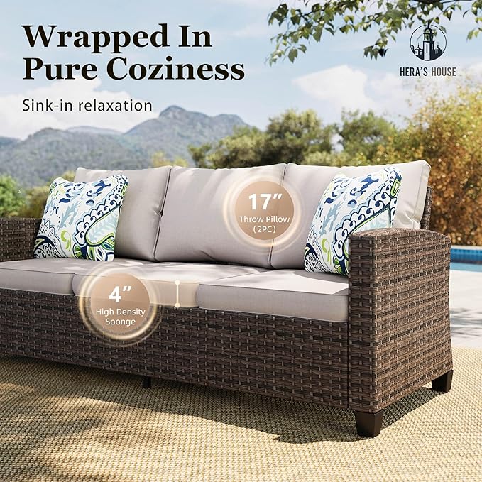 HERA'S HOUSE Wicker Patio Furniture Set with Fire Pit Table, Outdoor Rattan Conversation Sofa Sets for Lawn Yard
