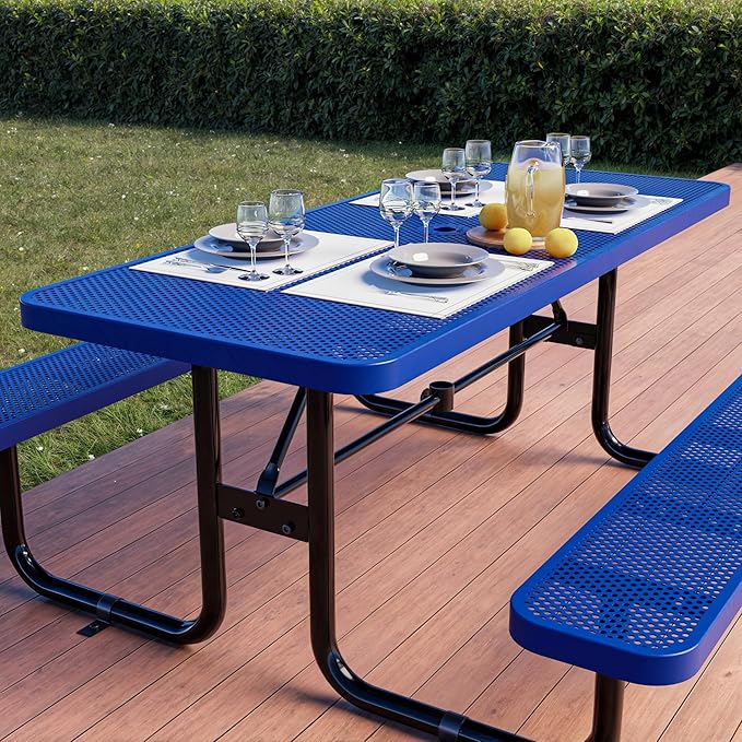 Commercial Heavy-Duty Metal Picnic Table - ADA Compliant, Adjustable Seats, Umbrella Hole (Blue, 8' Rectangular, Punched Steel)