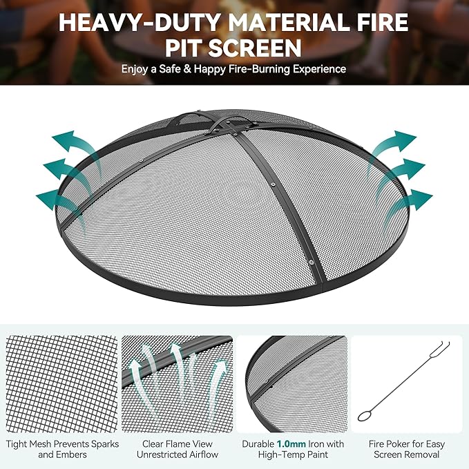 YITAHOME 30" Fire Pit Screen with Top Ring & Poker, Iron Mesh Spark Guard with High-Temperature Coating, Portable & Modular for Backyard Fire Pits, Camping, Beach Parties, and Barbecues
