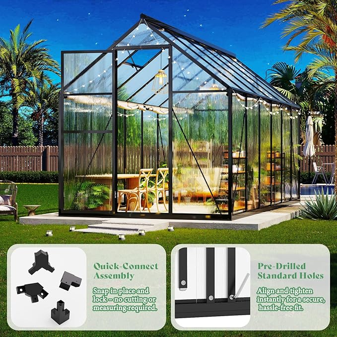 AMERLIFE 6x12 Ft Polycarbonate Greenhouse for Outdoors, Walk-in Design with Aluminum Frame, 2 Windows and Swing Door, Heavy-Duty Greenhouse Construction for Garden, Black