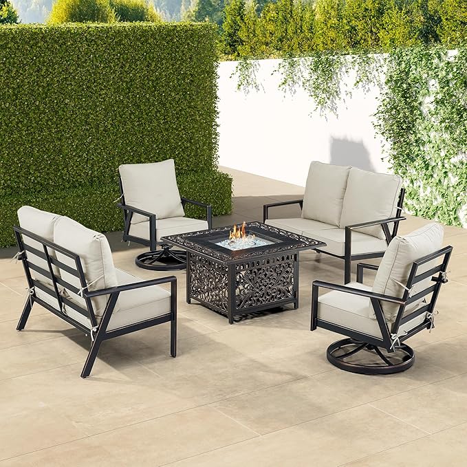 Oakland Living Black Aluminum Patio Fire Table Set with Two Deep Seating Loveseat with Cushions and Two Club Chairs with Light Grey Cushions
