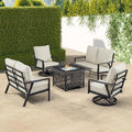 Oakland Living Black Aluminum Patio Fire Table Set with Two Deep Seating Loveseat with Cushions and Two Club Chairs with Light Grey Cushions