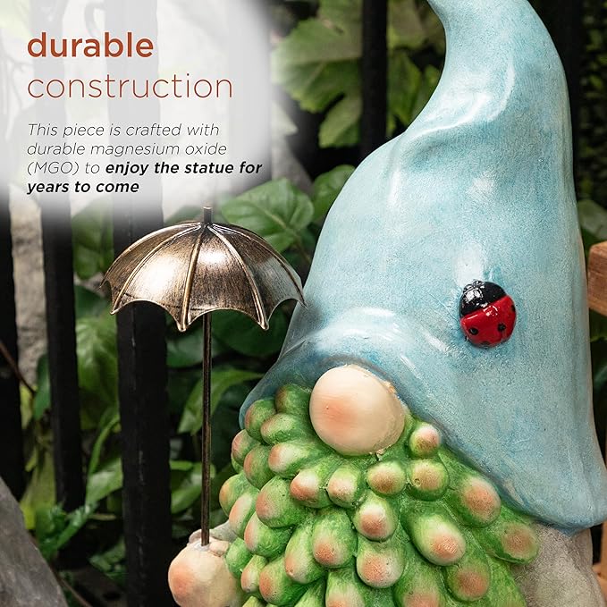 Alpine Corporation 18" Tall Outdoor Turquoise Hat Gnome Statue Holding Silver Umbrella, Playful Weatherproof Garden Decor