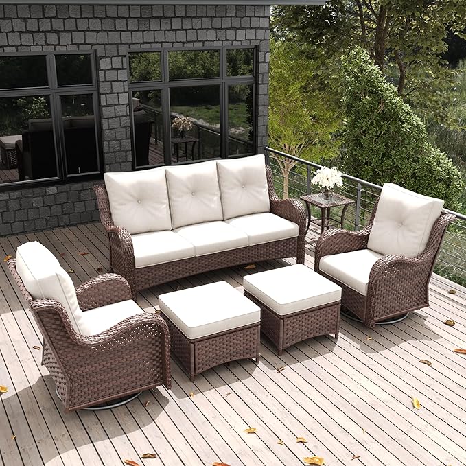 LayinSun 6 Pieces Outdoor Patio Furniture Set, Rattan Wicker Sectional Swivel Rocker Chairs Sets with Ottomans, Swivel Glider Chairs, and Coffee Table
