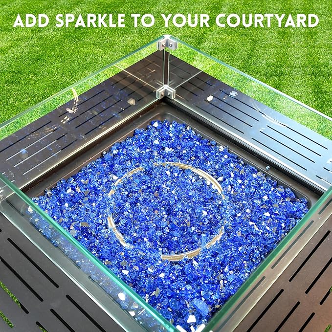 GasSaf 1/4 Inch Fire Glass Reflective Tempered Fireglass Cut Crushed FireGlass for Fire Pit, Fireplace, Replaces Existing Gas Logs & Lava Rocks (10 Pound)(Cobalt Blue Reflective)