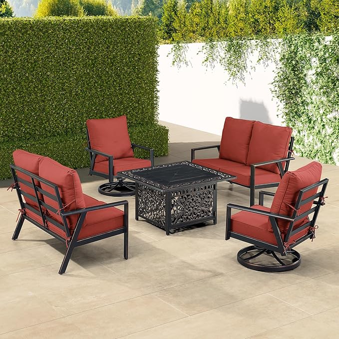 Oakland Living Black Aluminum Patio Fire Table Set with Two Deep Seating Loveseat with Cushions and Two Club Chairs with Red Cushions