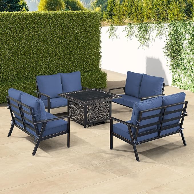 Oakland Living Black Aluminum Patio Fire Table Set with Four Deep Seating Loveseats with Cushions with Blue Cushions