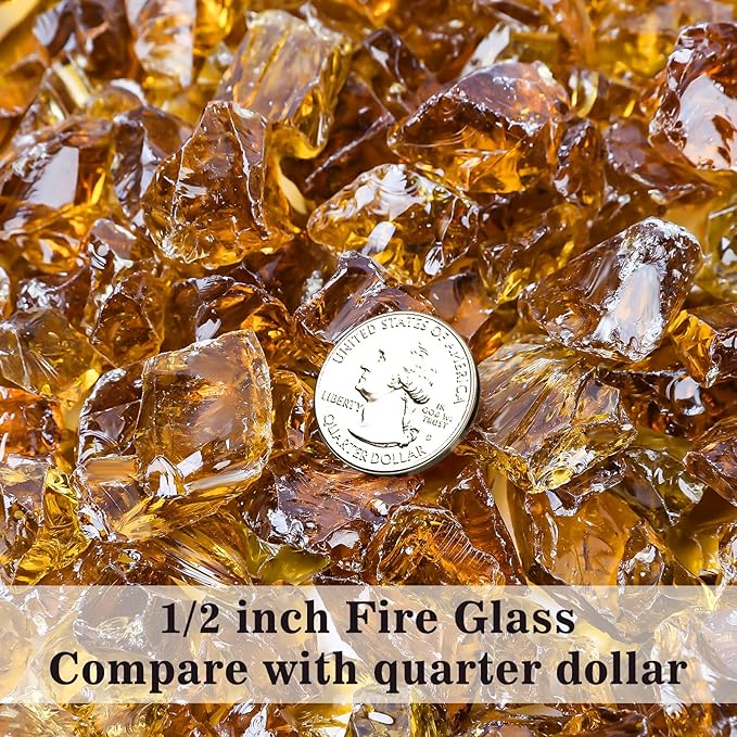 GRISUN Golden Amber Fire Glass for Fire Pit - 1/2 Inch 20 Pounds Tempered Glass Rocks for Natural or Propane Fireplace, Safe for Outdoors and Indoors Firepit Glass