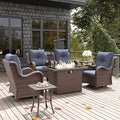 LayinSun 7 Pieces Outdoor Patio Furniture Set with Fire Pit Table, Rattan Wicker Swivel Rocker Chairs Sets with Swivel Glider Chairs and Coffee Table