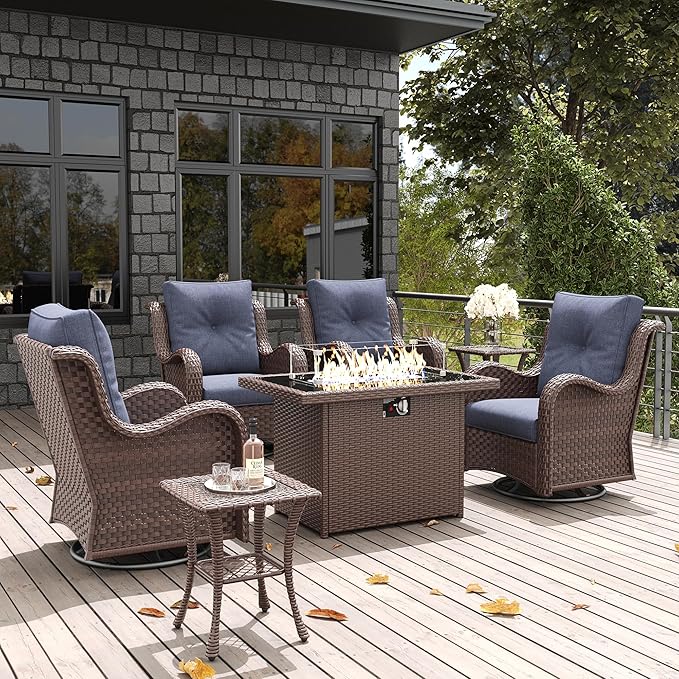LayinSun 7 Pieces Outdoor Patio Furniture Set with Fire Pit Table, Rattan Wicker Swivel Rocker Chairs Sets with Swivel Glider Chairs and Coffee Table