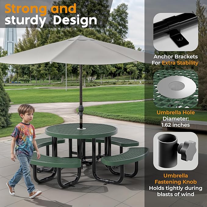 OUTTANS Round Metal Picnic Tables for Kids for Outdoors with Umbrella Hole, Adjustable Seats for School, Park, Playground (Green, 38 in, Kids, Expanded Steel)