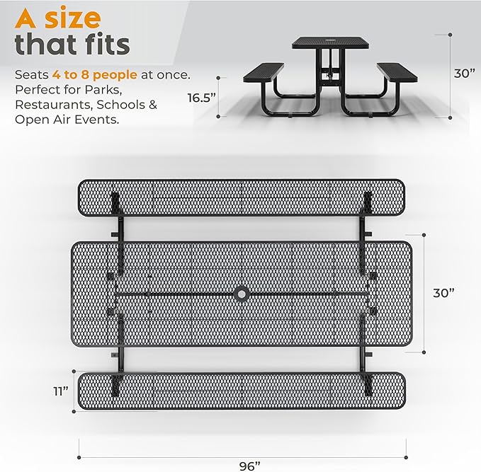 Commercial Heavy-Duty Metal Picnic Table - ADA Compliant, Adjustable Seats, Umbrella Hole, Expanded Metal (Black, 8' Rectangular)