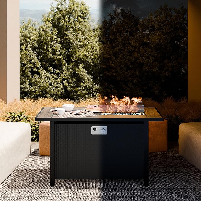 JAMFLY Propane Fire Pit Table 45 Inch, 50,000 BTU Outdoor Gas Firepit Table for Outside Patio with Glass Wind Guard, Blue Glass Rocks,Waterproof Cover, Black/Walnut Wood