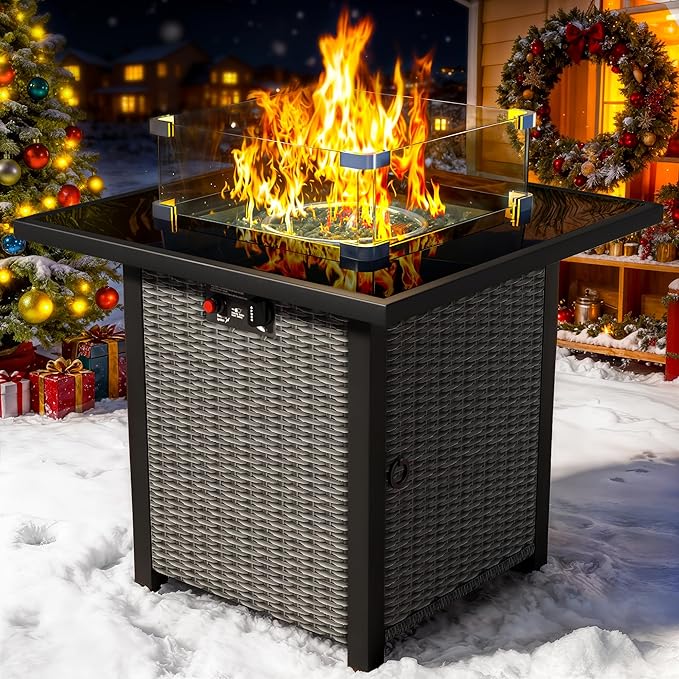 Propane Fire Pit Table, Outdoor Fire Pit Table, 28" Rattan Square Outdoor Gas Fire Pit with Glass Wind Guard, Tempered Glass Tabletop, Lid, CSA Listed, 50,000 BTU for Outside Patio Deck & Garden,Black