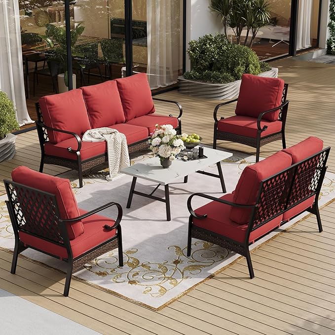SUNSHINE VALLEY 5 Piece Metal Outdoor Patio Furniture Set, Patio Conversation Sets with 3-Seater Sofa, Loveseat, 2 Fixed Sofa (5.75" Thick Cushion) & Coffee Table Black Backyard Furniture, Rust Red