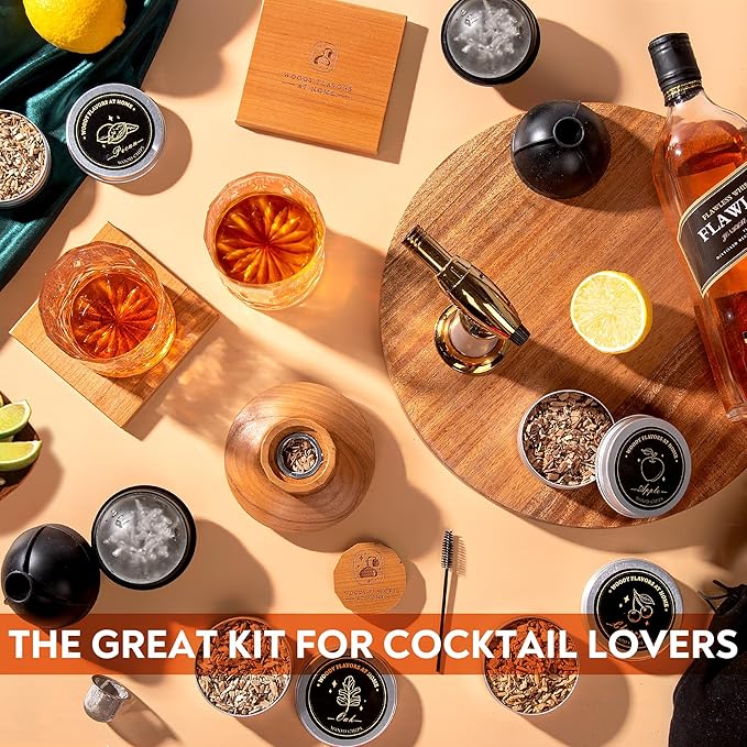 Woody Flavors At Home Old Fashioned Cocktail Smoker Kit for Whiskey, Bourbon, and Drinks with Cherry Smoker, Natural Wood Chip Flavors, Culinary Torch, Ice Cube Spheres, 2 Coasters, 2 Glasses