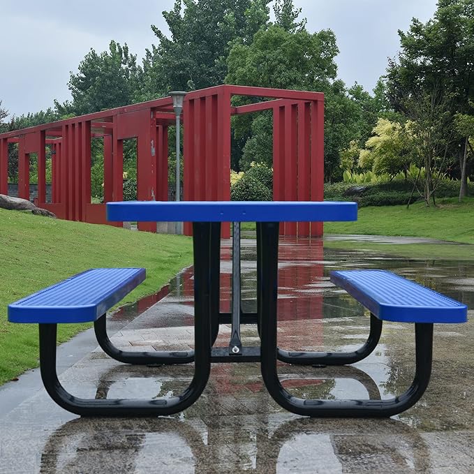KUFUH 72" Rectangular Metal Picnic Table for 4-8 Person, Durable Heavy Duty Commercial Picnic Table with Umbrella Hole for Outdoor Coffee Shop, School, Hospital, Easy to Install, Blue