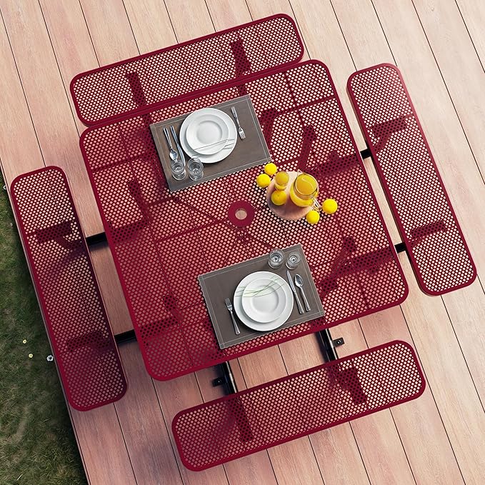 Metal Picnic Tables for Outdoors with Umbrella Hole - Coated Steel Heavy Duty Commercial Grade Furniture with Adjustable Seats (Red, 46 in, Square, Punched Steel)