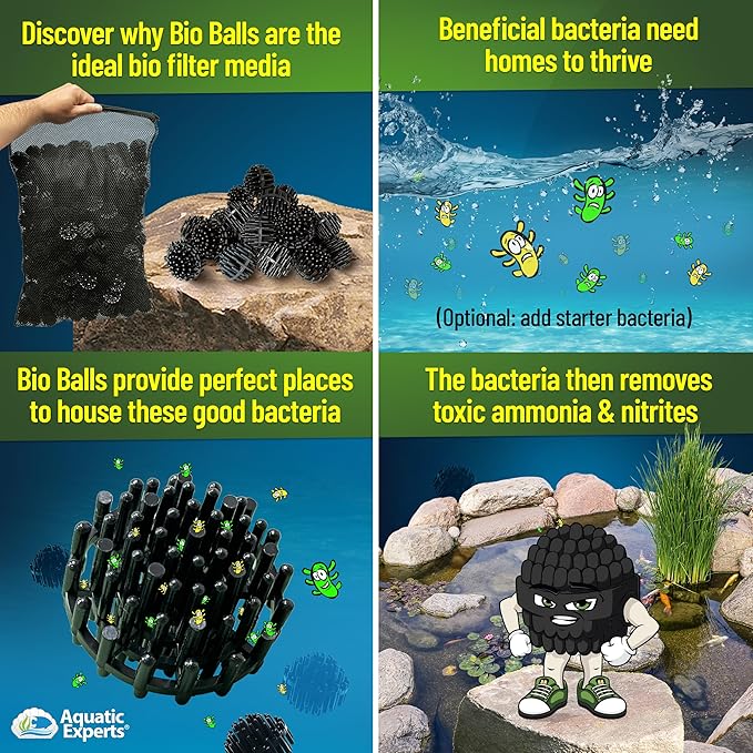 Aquatic Experts Bio Balls Filter Media Bulk, 1.5 Inch Large Bio Balls for Pond & Aquarium Filters, Pond Filter Media for Outdoor Ponds, (2000 Count with 6 Mesh Bags, 1.5 Inch)