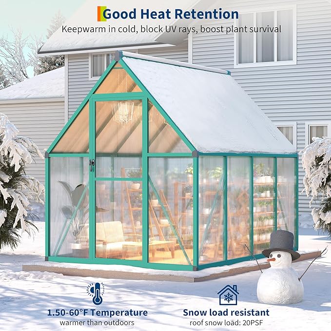 6 x 7 ft Greenhouse, Polycarbonate Walk-in Greenhouse with Aluminum Frame, Adjustable Roof Vent and Lockable Door, Easy Assembly, Green Houses for Outside, Garden, Backyard and Patio
