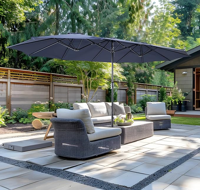 Bigroof 15ft x 9ft Patio Double-Sided Umbrella with Base & Crank, Extra Large Rectangular Outdoor Umbrella for Patio, Lawn & Garden, Beige