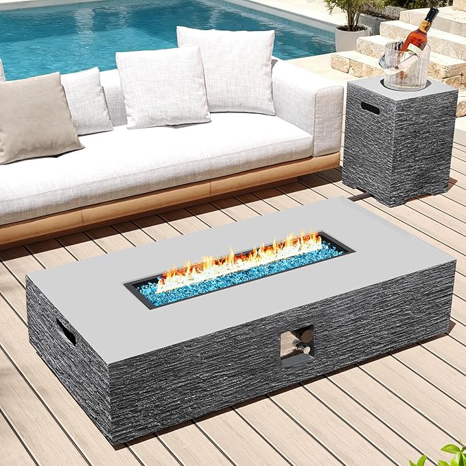 UPHA 56-inch Outdoor Propane Gas Fire Pit Table 50000 BTU Concrete Rectangle FirePit for Outside Patio with Wind Guad, Blue Glass Rocks, Rain Cover, Grey Horizontal Stripe