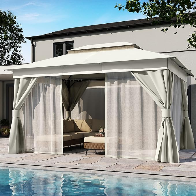 LAUSAINT HOME Outdoor Patio Gazebo 10'x13' with Expansion Bolts, Heavy Duty Party Tent & Shelter with Double Roofs, Mosquito Nettings and Privacy Screens for Backyard (Cream White)