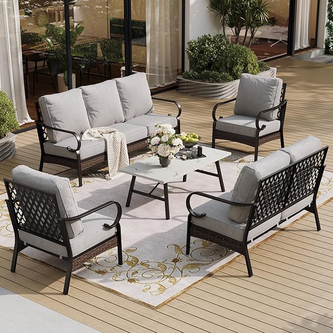 SUNSHINE VALLEY 5 Piece Metal Outdoor Patio Furniture Set, Patio Conversation Sets 1 3-Seater Sofa, 2-Seater Sofa, 2 Fixed Sofa with 5.75" Cushion & Coffee Table Black Backyard Furniture, Light Gray