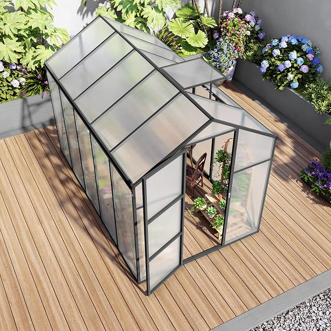 KEIKI 6x10 FT Polycarbonate Greenhouse for Outdoors, Heavy-Duty Walk-in Aluminum Greenhouse with Anchor Base, Light-Transmitting Panels & Drainage System, Black