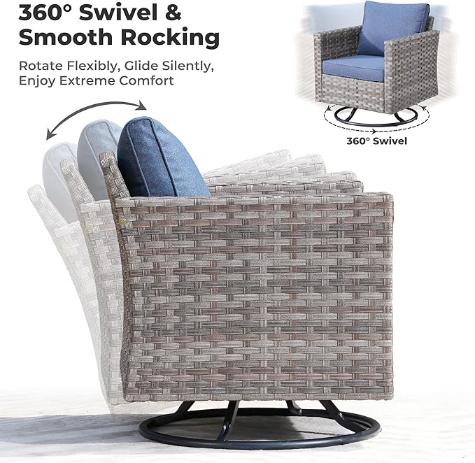 ovios 9 Pieces Patio Furniture Set, Outdoor Wicker Sectional Sofa with 42" Firepit Table Swivel Chair, Modern Modular Deep Seat Rattan Couch Conversation Sets, Denim Blue