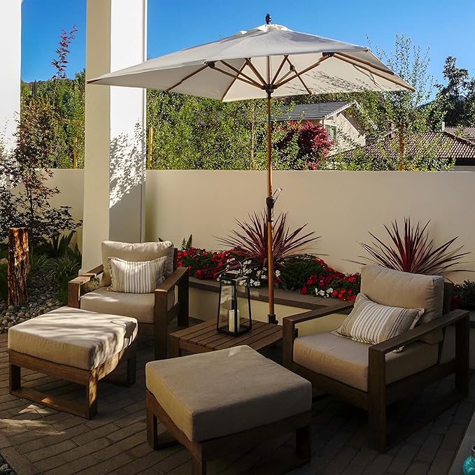 PURPLE LEAF 6.5' x 6.5' Patio Umbrella with Base Square Outdoor Table Umbrella Market Umbrella with Push Button Tilt & Crank and 8 Ribs Aluminum Outdoor Umbrella for Pool Backyard Beach, Cream