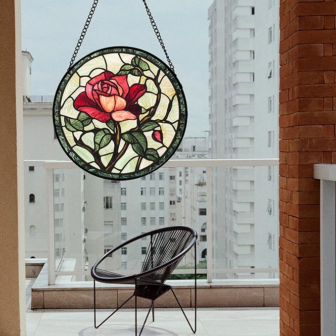 AMDERVEN Stained Glass Window Hanging, Red Rose Flowers Sun Catcher for Door Garden Home Decor Suncatcher Christmas Mother's Day Birthday Gifts for Women Lovers Men Wife Girlfriend Mom Nana 7.8 in