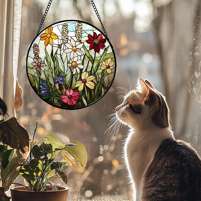 DASTOLL Stained Glass Window Hanging, Colorful Wildflowers Plant Scenery Suncatcher for Doors Window Home White Green Sun Catchers Decor Mother's Day Birthday Gifts for Women, Men Mom 15 in