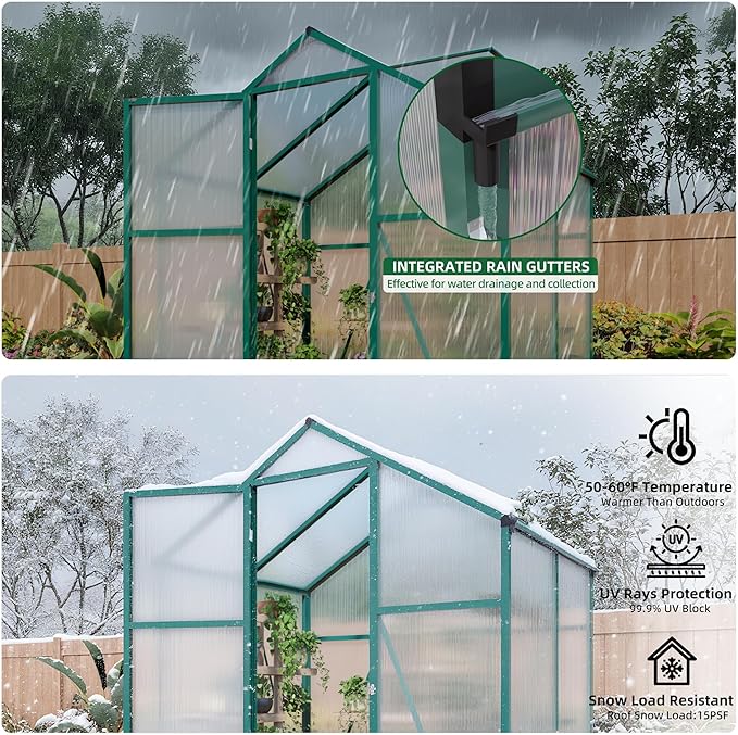 KEIKI 6x4 FT Polycarbonate Greenhouse for Outdoors, Heavy-Duty Aluminum Walk-in Greenhouse with Raised Base, Roof Vent & Drainage System, All-Season Garden Greenhouse, Green