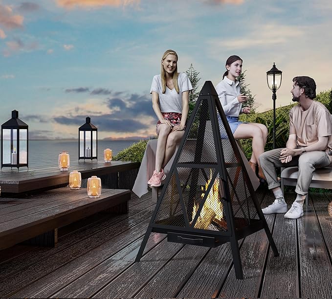 Kingson Pyramid Fire Pit, Heavy-Duty Steel Smokeless Wood Burning Fire Bowl for Outdoor Patio Garden Backyard, Bohemian & Meditation Decor