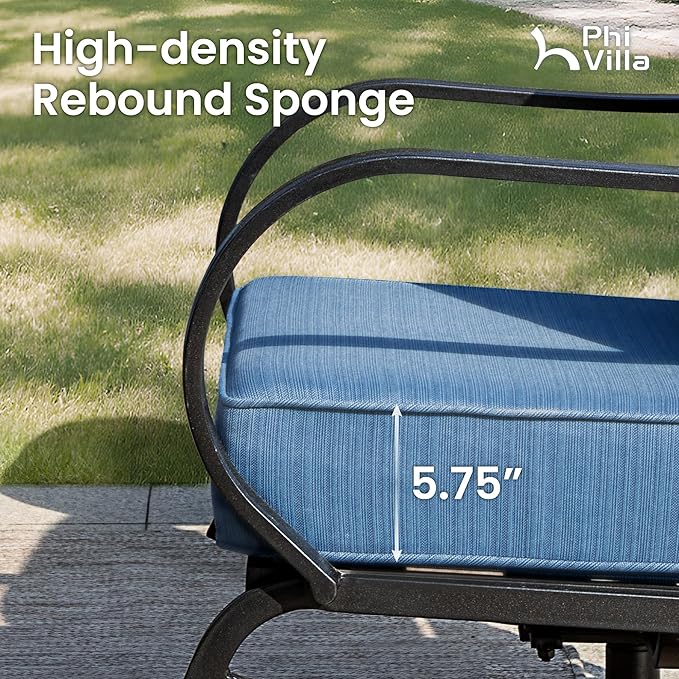 PHI VILLA Patio Furniture with 1 x 45 Metal FirePit Table, 1 x 3-Seat Wide Deep Seating Bench, 2 x Swivel Sofa Chairs & 2 Ottomans, 5.75" Thick Cushioned Outdoor Conversation Set for 5, Peacock Blue