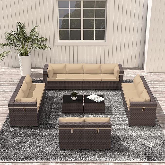 Outdoor Patio Furniture Set, 14 Pieces Outdoor Sectional Furniture Patio Sofa, All-Weather PE Rattan Patio Conversation Set with Tempered Glass Top Table & Cushions(Brown).