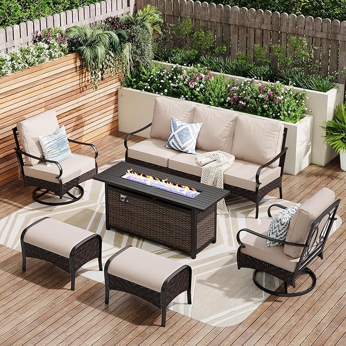 Patio Furniture Set with 56" Fire Pit Table, Premium Outdoor Wicker Metal Frame Furniture with Upgraded Waterproof Thick Cushions for Porch, Poolside, Deck, and Yard （8 Pieces,Beige）