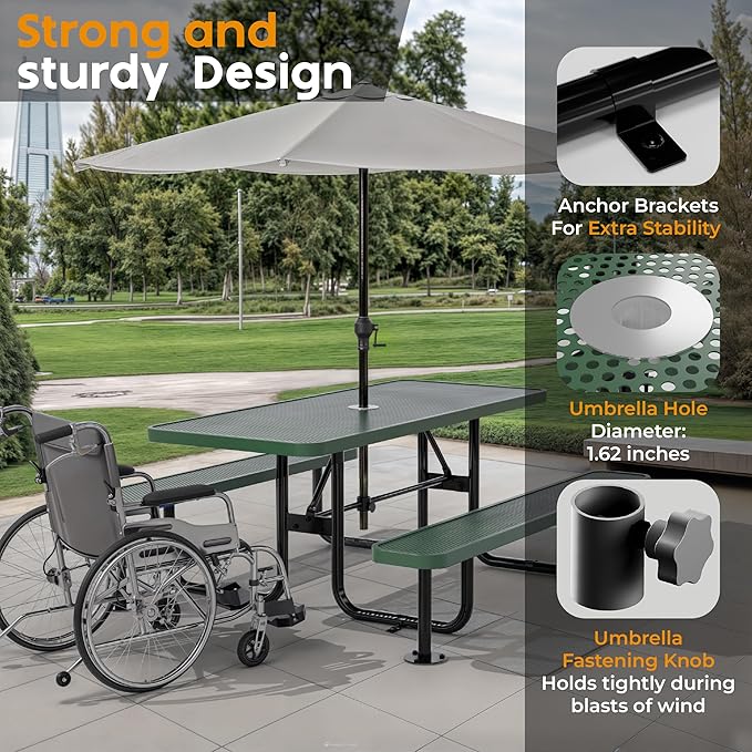 Commercial Heavy-Duty Metal Picnic Table - ADA Compliant, Adjustable Seats, Umbrella Hole (Green, 6' Rectangular, Punched Steel)